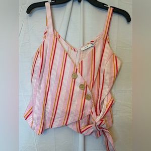 Lush Women’s Small Thick Strap Cropped Pink & White Linen Blend Top That Ties